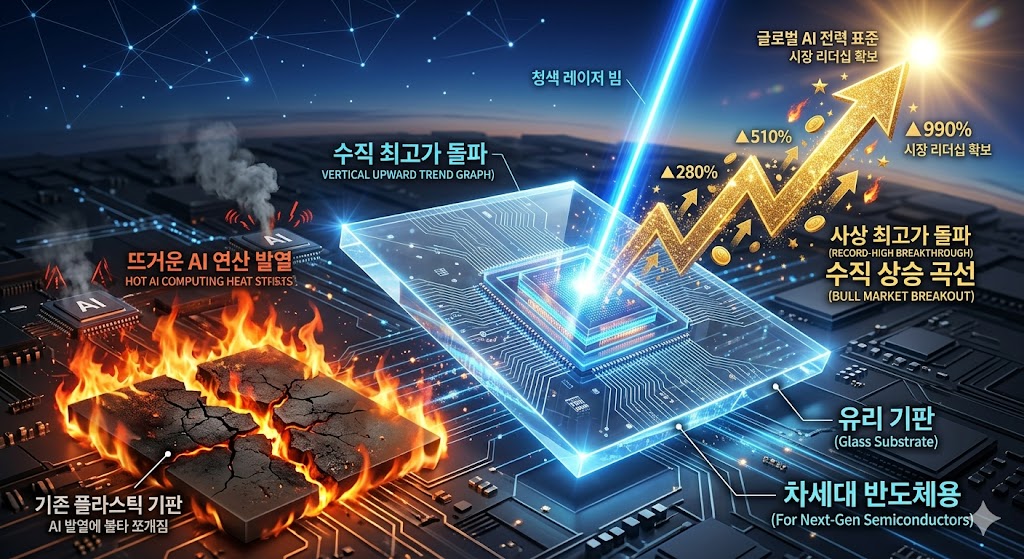 칙칙하고 두꺼운 기존 반도체 플라스틱 기판이 뜨거운 AI 연산 발열을 견디지 못하고 불타며 반으로 쪼개지는 모습과 대비되어, 다이아몬드처럼 정교하고 투명하게 빛나는 차세대 반도체용 '유리 기판(Glass Substrate)'이 청색 레이저 빔을 맞으며 화면 중앙에서 웅장하게 떠오르고, 그 위로 사상 최고가 돌파를 의미하는 거대한 황금빛 수직 상승 곡선(Bull Market Breakout)이 관통하는 고해상도 3D 그래픽 이미지.
