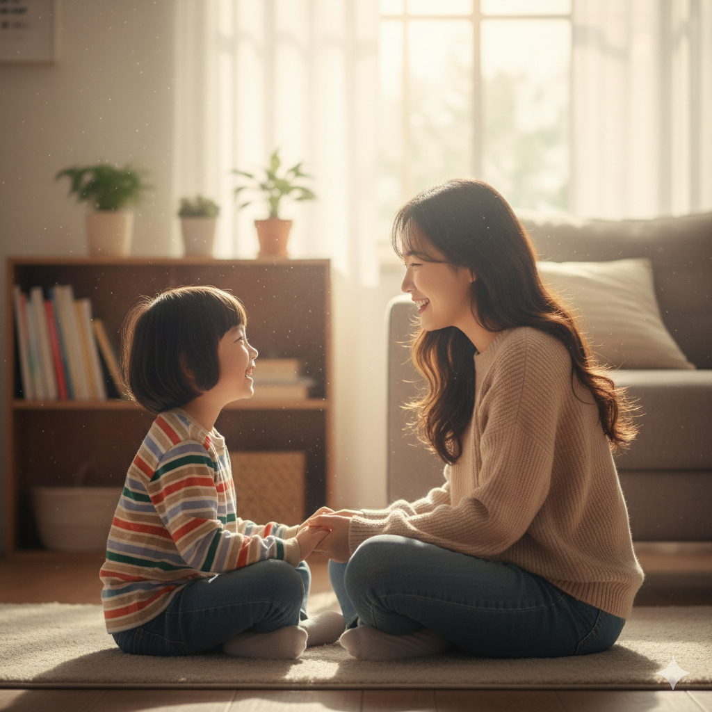 따뜻한 햇살이 비치는 거실에서 엄마와 아이가 서로의 손을 잡고 눈을 맞추며 웃고 있는 모습