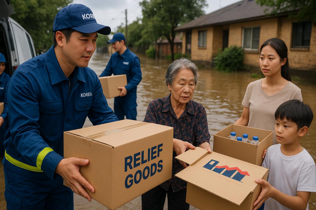 홍수 피해 현장에서 정부 관계자가 주민들에게 구호물품을 나누는 장면