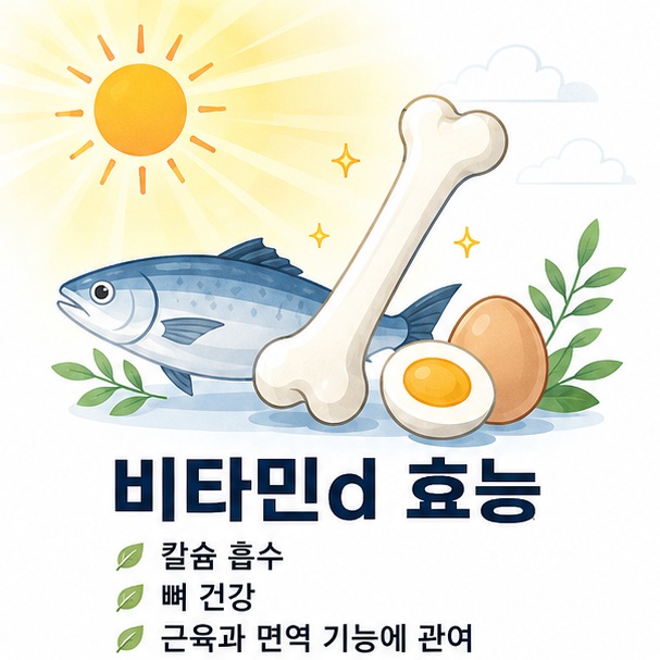 햇빛과 뼈, 생선과 달걀을 함께 표현해 비타민 D가 칼슘 흡수와 뼈 건강, 정상적인 근육과 면역 기능에 관여함을 보여 주는 그림
