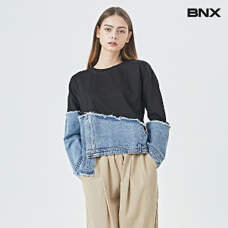 BNX 비엔엑스 반 배색 데님 데일리 긴팔 티셔츠 BT3TS023L0