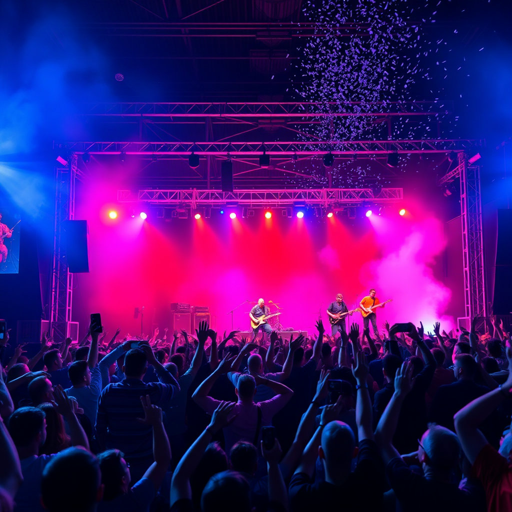 웅장한 메인 스테이지에서 밴드가 열정적으로 연주하고 노래하는 모습. 수많은 관객들이 무대 앞에 모여 손을 흔들거나 몸을 흔들며 공연을 즐기고 있습니다. 화려한 조명과 특수효과가 무대를 더욱 빛내고 있습니다.