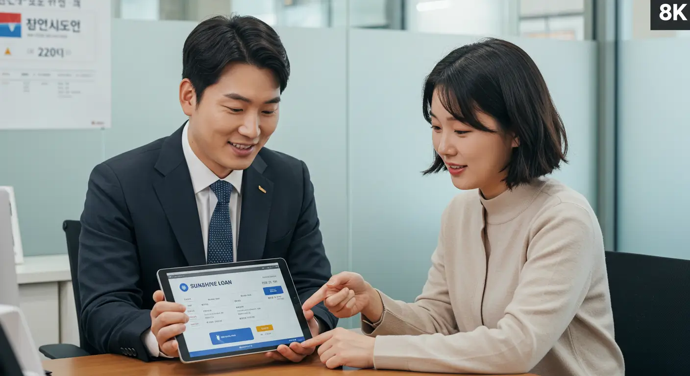 전문 상담사의 도움을 받아 태블릿으로 간편하게 저축은행 햇살론 신청을 진행하는 모습