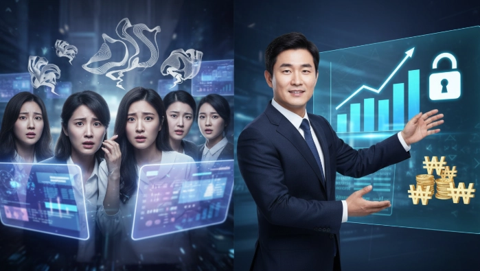 한국 금융 시장의 뱅크런 괴담과 한국은행의 유동성 공급 대책으로 안정된 시장을 보여주는 이미지