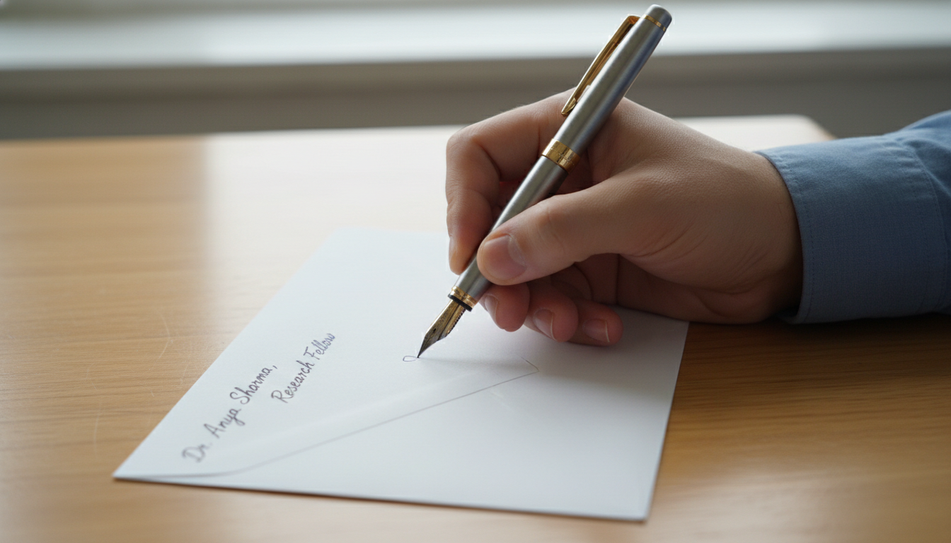 축의금 봉투 뒷면 왼쪽 하단에 소속과 이름을 세로로 작성하는 모습