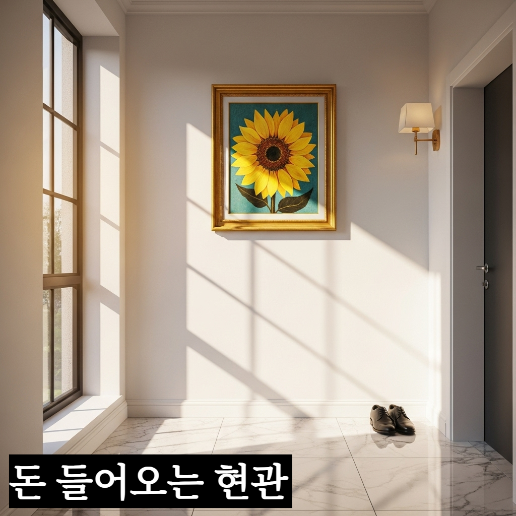 햇살이 환하게 비치는 깔끔하고 밝은 현관에 황금색 해바라기 액자가 걸려 있고 조명이 따뜻하게 켜진 현대적인 인테리어 모습