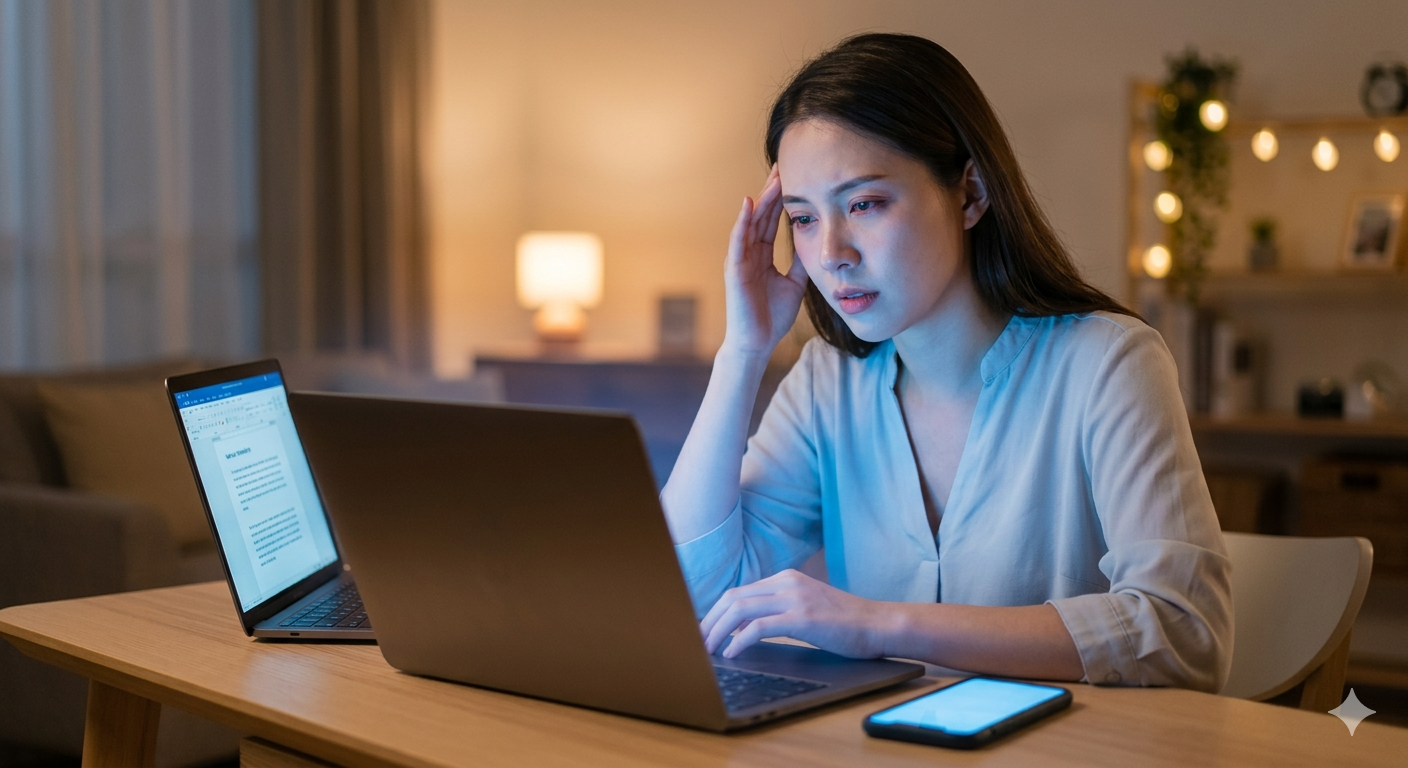 어두운 방에서 노트북이나 스마트폰의 강한 블루라이트에 노출되어 눈의 피로와 두통을 느끼는 현대인