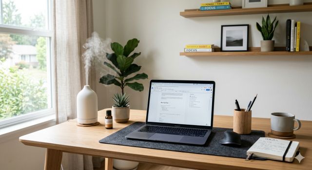 집중력 향상을 위한 페퍼민트 오일 디퓨저 사용 장면