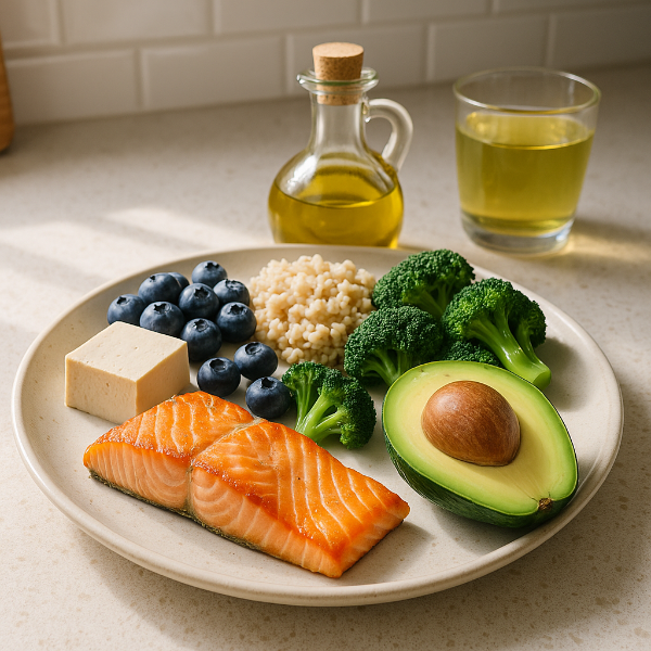 지방간 관리에 좋은 식재료들이 정돈된 식탁.