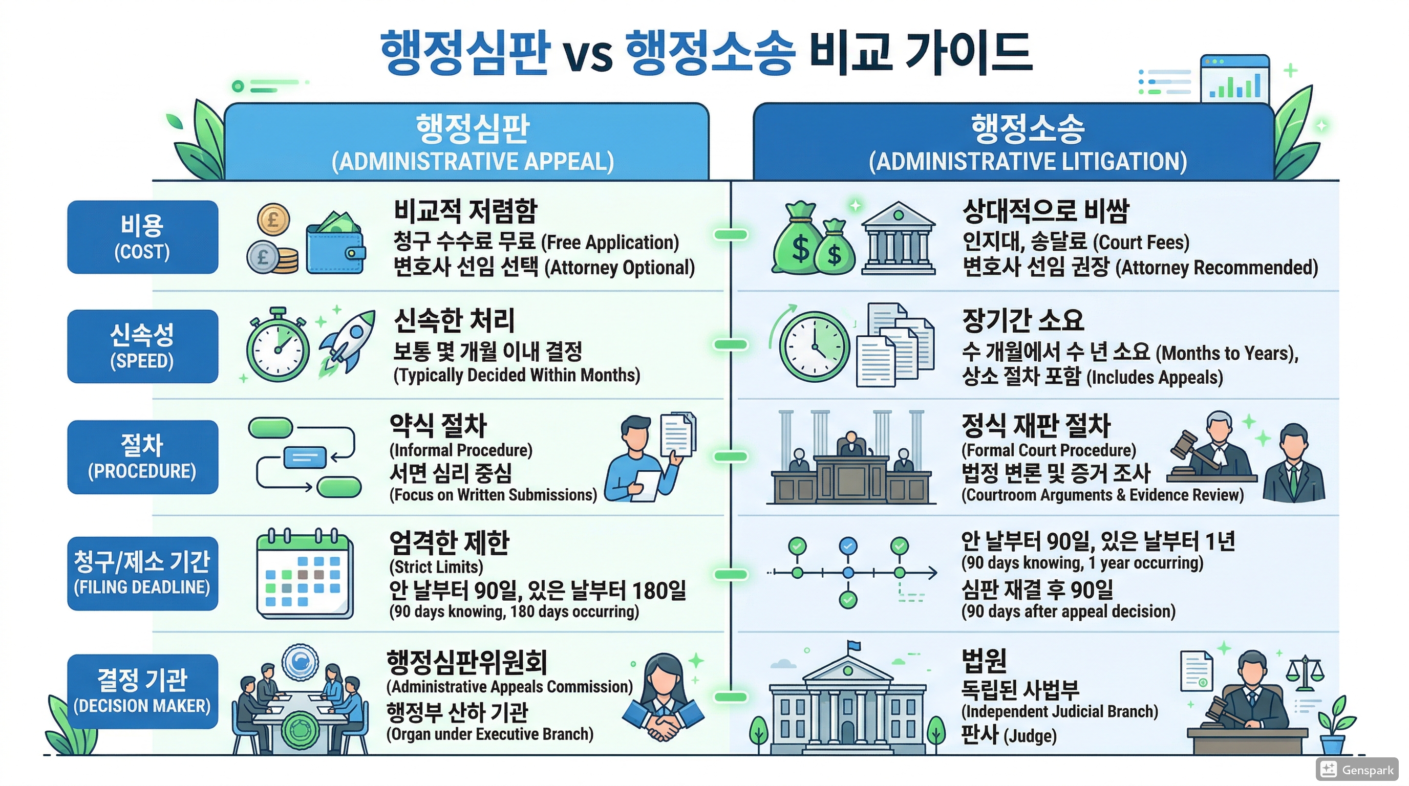 행정심판과 행정소송의 비용 기간 절차를 비교한 인포그래픽