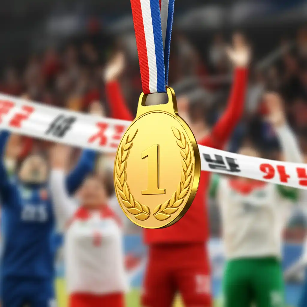 스포츠의 날 우승자를 위한 금빛 메달과 트로피