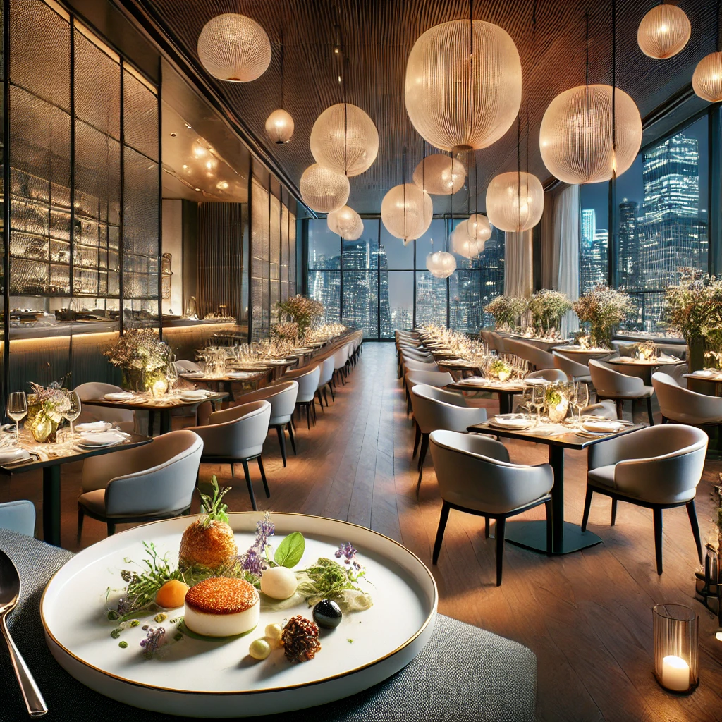 뉴욕 미슐랭 레스토랑의 고급스러운 내부와 플레이팅된 정찬 이미지