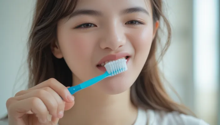 가글 사용법을 지키기 위해 양치 중인 여성의 모습