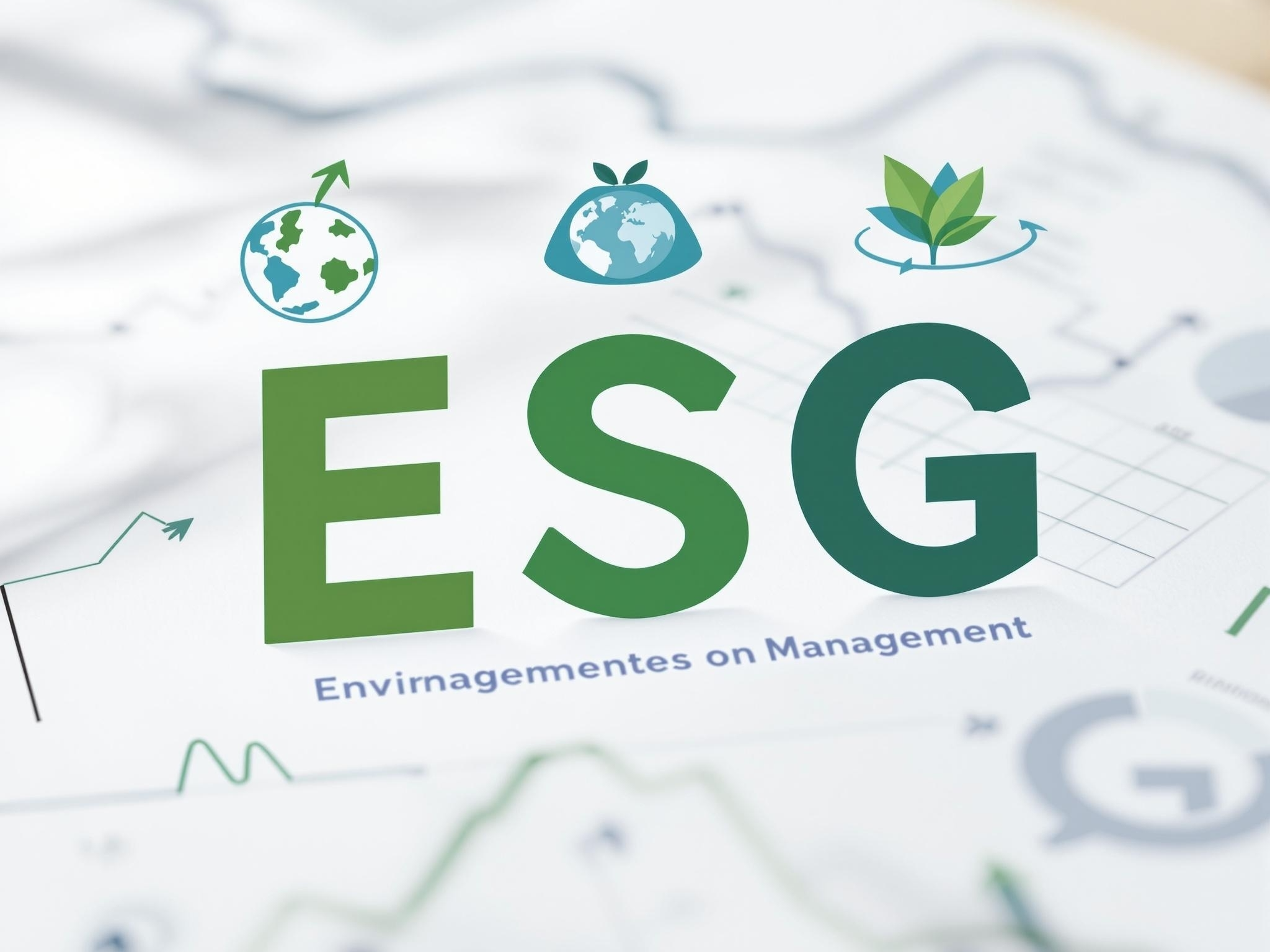 "ESG 경영 - 환경, 사회, 지배구조를 상징하는 아이콘과 비즈니스 차트"