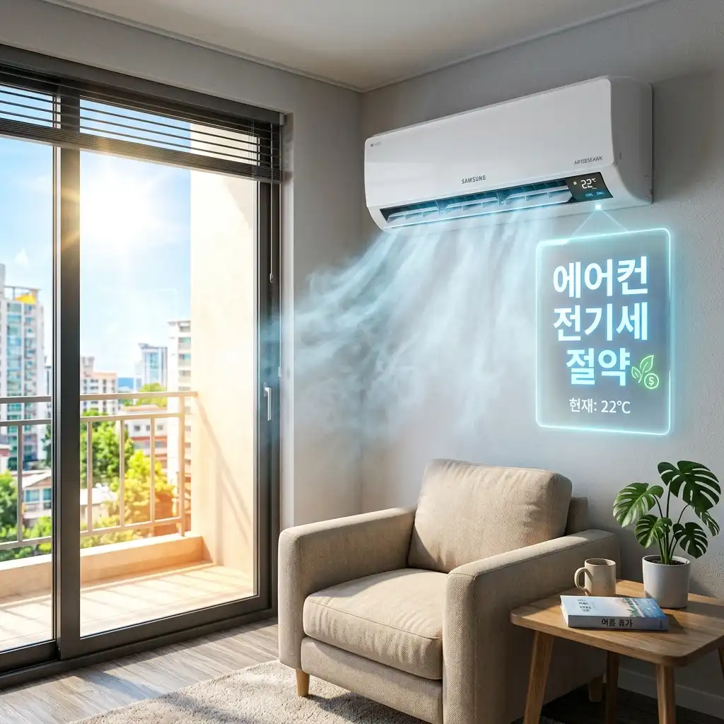 2026년 무더위 대비 에어컨 전기세를 절약하고 시원한 실내 온도를 유지하는 방법을 묘사한 3D 일러스트입니다.