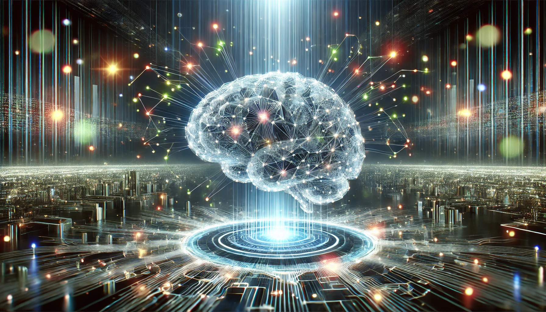 데이터 노드로 연결된 AI 두뇌가 사이버 공간에서 동적으로 작동하는 모습
