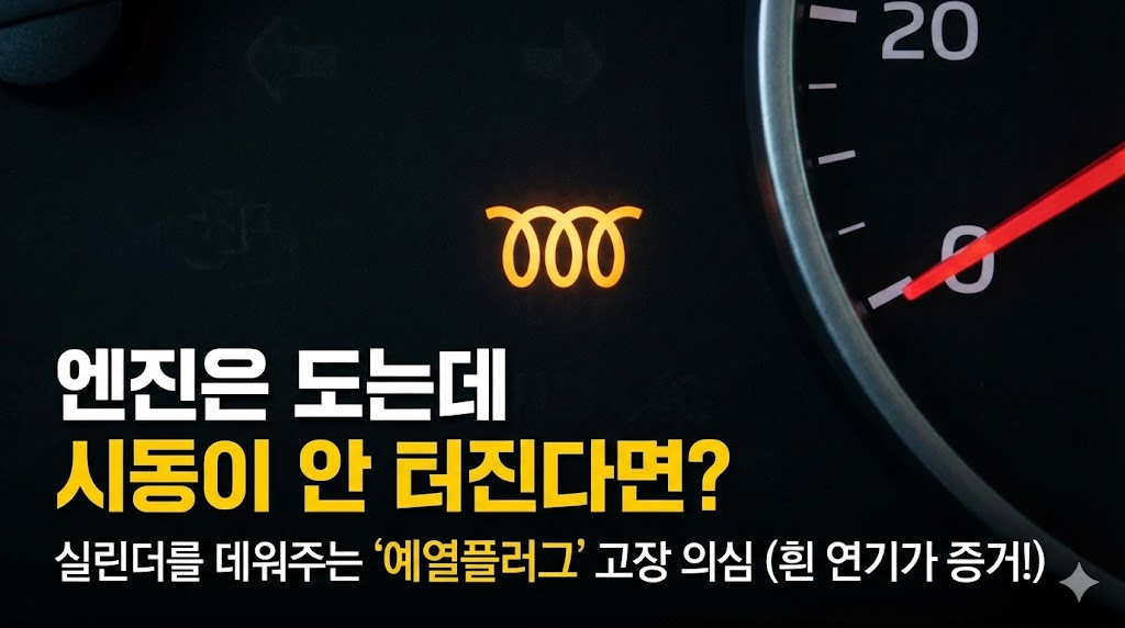 디젤차 운전자에게 익숙한 돼지꼬리 모양의 예열 표시등 아이콘을 활용하여 또 다른 시동 불량 원인인 '예열플러그' 문제를 다룹니다. 엔진은 돌지만 시동이 걸리지 않는 구체적인 증상과 함께 흰 연기가 발생하는 자가 진단 포인트를 제시하여 독자의 이해를 돕습니다.