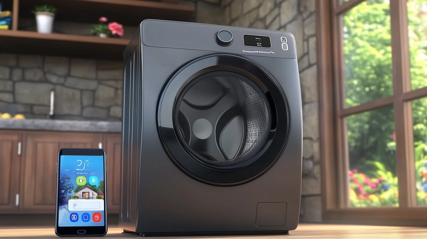 세련된 디자인의 삼성 AI 세탁기 옆에 스마트싱스 앱을 연 스마트폰이 놓여져 있으며, 스마트홈과의 매끄러운 연동성을 보여주고 있습니다.