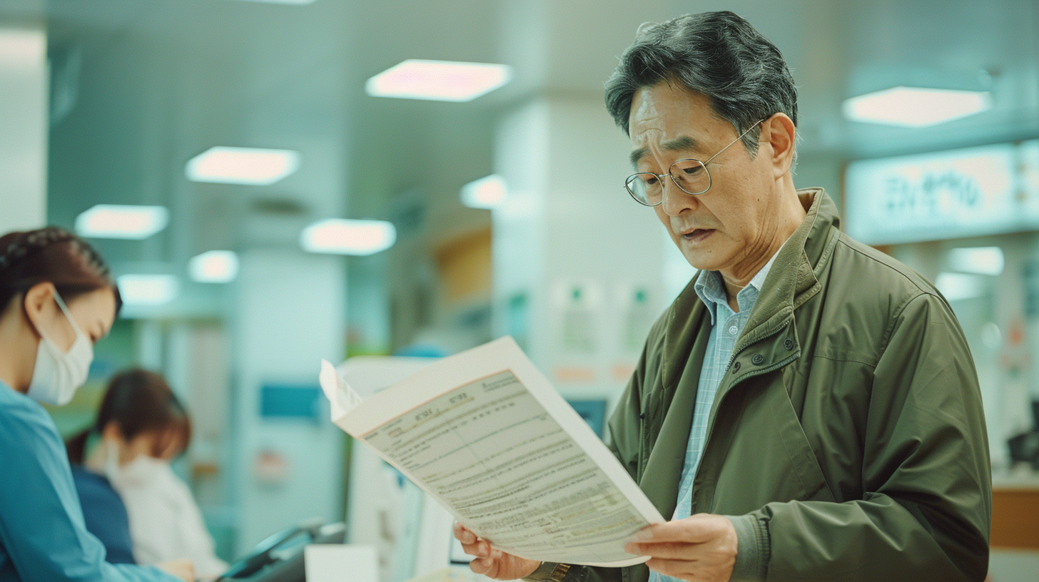 대학병원 접수 창구에서 진료의뢰서를 제출하는 중년 남성의 모습