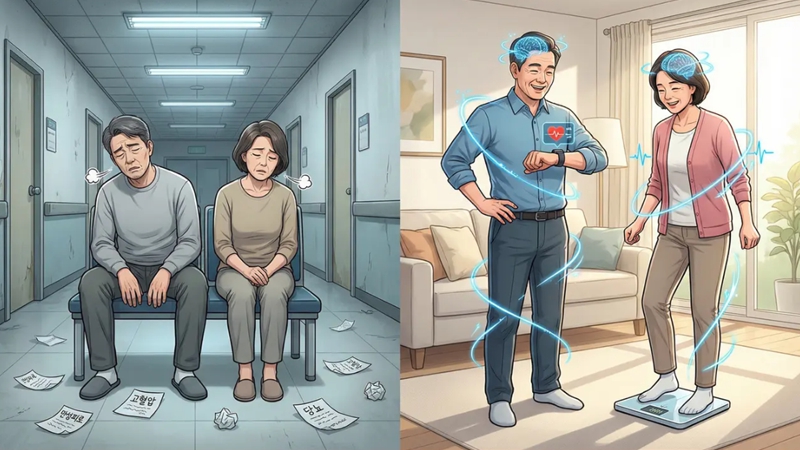 50대 중년 남녀가 병원 단골에서 벗어나 스마트워치, 체중계, 홈트레이닝 등 스마트 건강법으로 만성질환을 리셋하고 활력 넘치는 2026년을 맞는 모습.