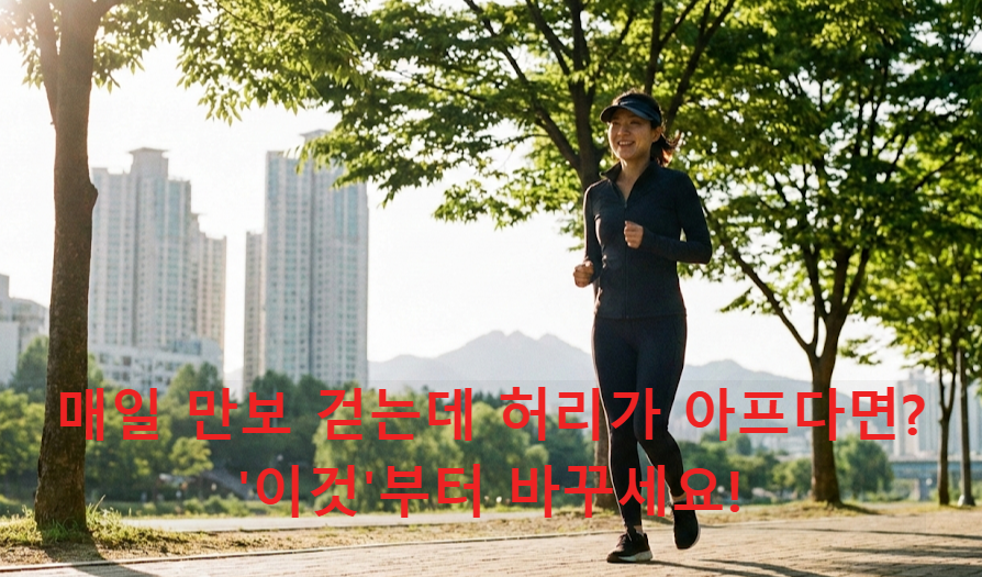 서울의 공원 산책로에서 바른 자세로 활기차게 걷고 있는 30대 한국 여성의 모습. 올바른 걷기 운동 대표 이미지.