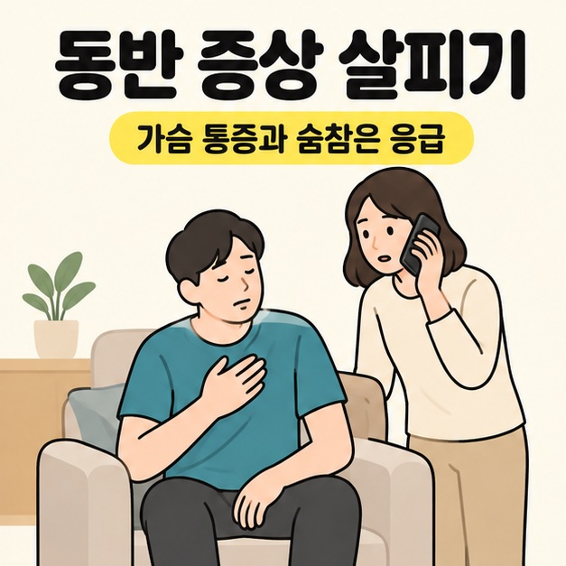 동반 증상 살피기와 가슴 통증과 숨참은 응급 문구 아래 가슴에 손을 댄 성인이 앉아 있고 동행자가 곁에서 전화하는 삽화