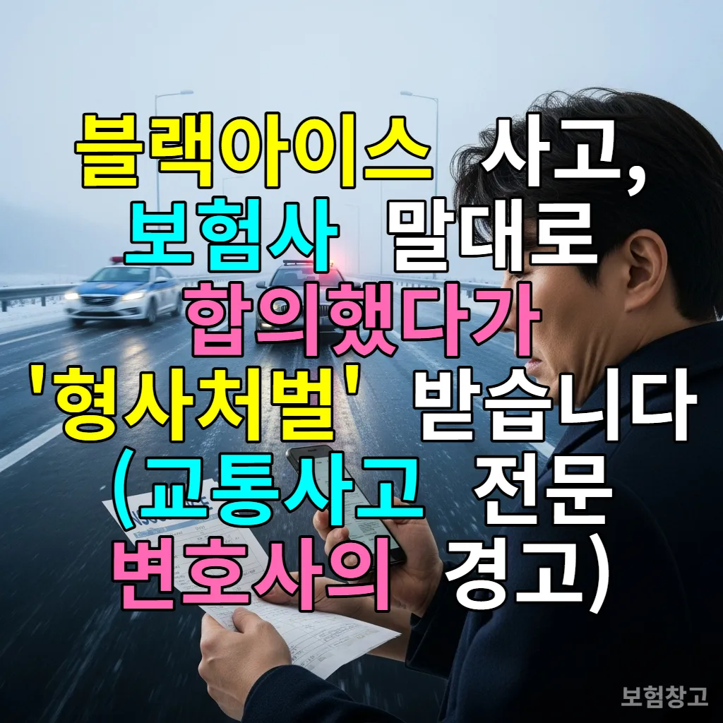 블랙아이스가 낀 한국의 겨울 도로에서 미끄러진 차량과 걱정스러운 표정으로 보험 서류를 들고 있는 운전자의 모습