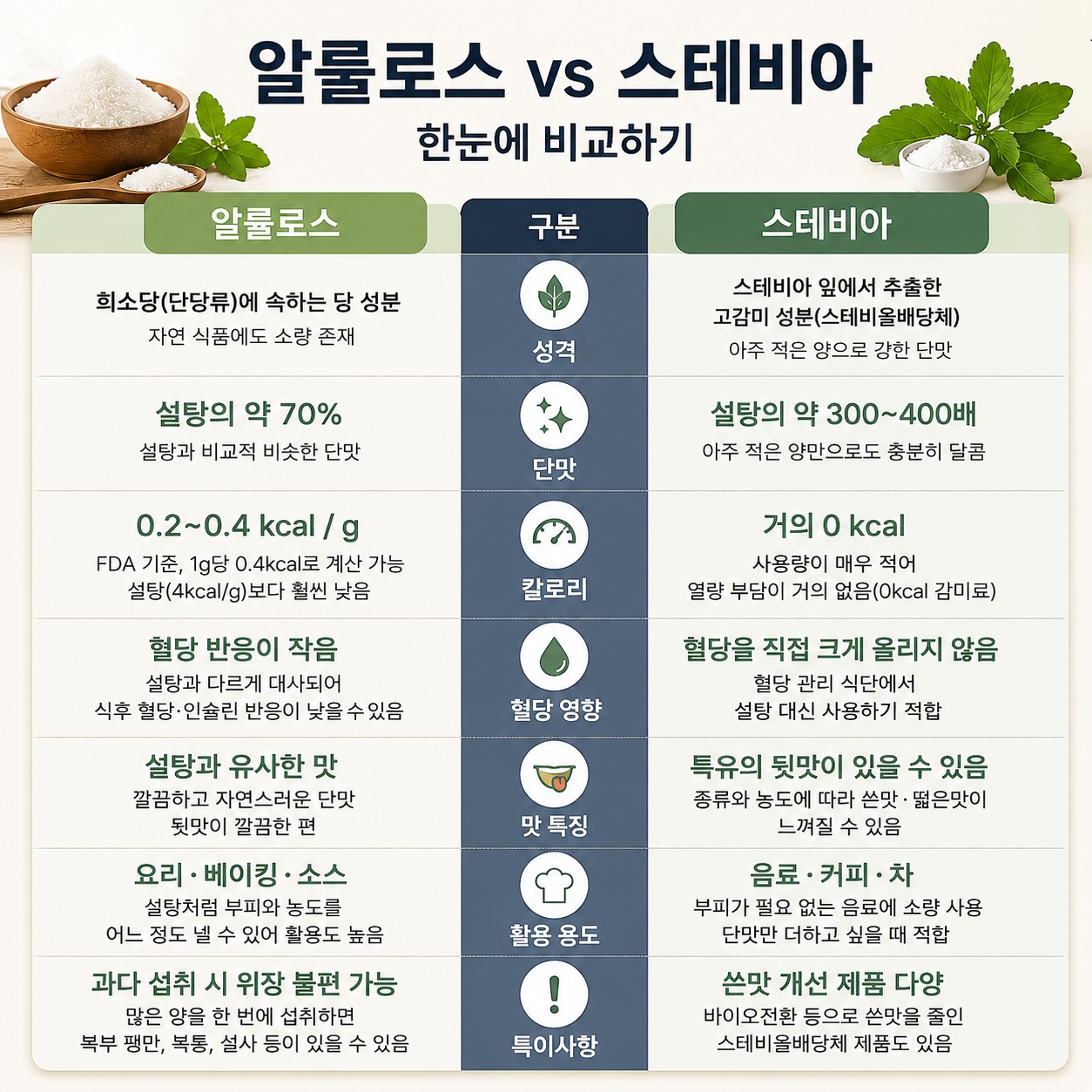 설탕과 알룰로스 스테비아의 성격과 단맛 차이