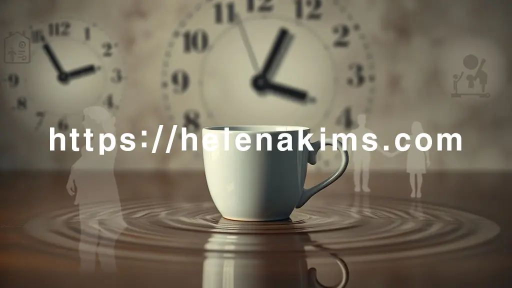 잔잔한 파동을 일으키는 커피잔이 중앙에 있고, 그 주변을 흐릿하고 왜곡된 시계바늘이 늦은 시간 섭취 경고를 암시한다. 또한, 약물 형태의 아이콘과 보호가 필요한 가족의 실루엣이 희미하게 배치되어 커피 주의사항과 중요성을 강조하며. 전반적으로 조심스러운 분위기.