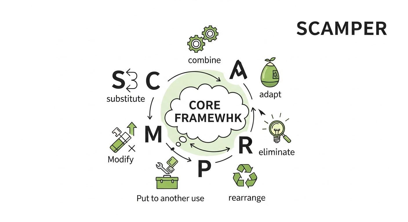 SCAMPER 프레임워크를 시각적으로 보여주는 인포그래픽. 각 요소(대체, 결합, 적용, 수정, 다른 용도, 제거, 재배열)가 아이콘과 함께 중앙 아이디어를 둘러싸고 있어 체계적인 사고 과정을 나타냅니다.