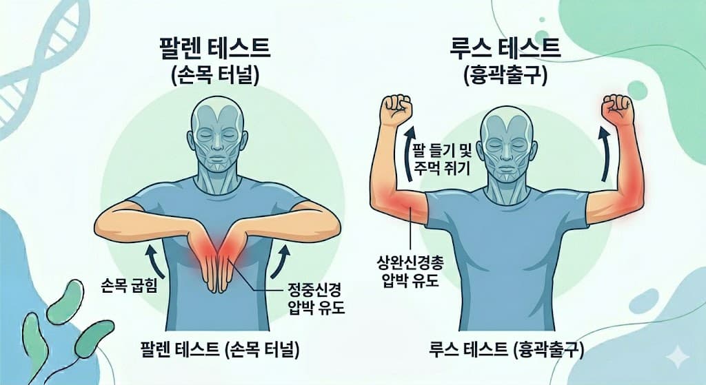 손 저림 자가진단법 비교 팔렌 테스트 손목 터널 증후군 vs 루스 테스트 흉곽출구 증후군 항복 자세 루틴 인포그래픽
