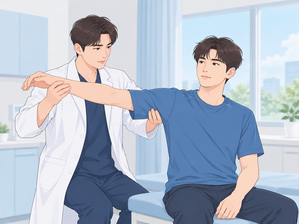 의사가 환자의 팔을 옆으로 들어 받치며 어깨 움직임을 살펴보는 진찰 장면