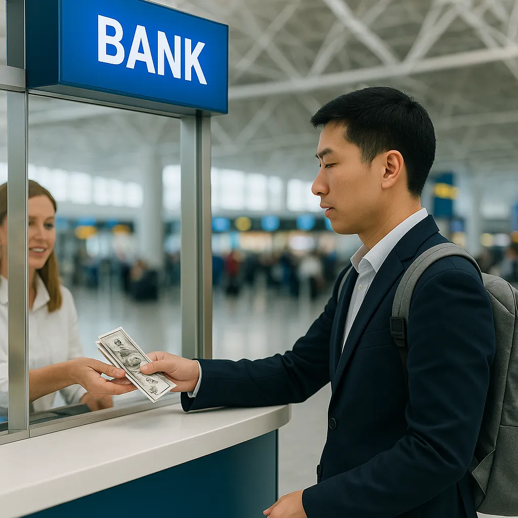 공항 은행 창구에서 달러를 수령하는 모습