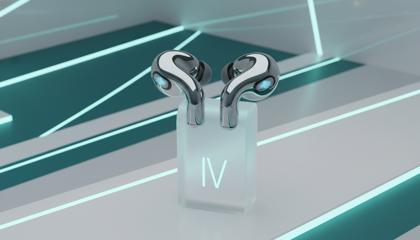 에어팟 프로 4세대의 예상 렌더링 이미지. 더 인체공학적이고 세련된 디자인의 이어버드가 미래적인 배경 위에서 빛나며, 3세대 대비 향상된 기술과 새로운 건강 기능을 암시합니다.