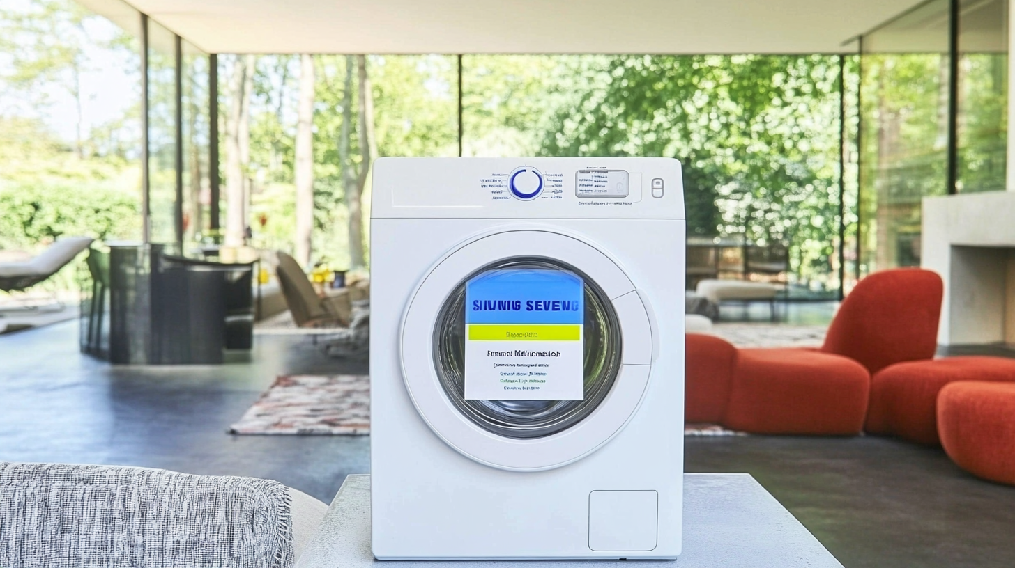 현대적인 가정에서 삼성 세탁기에 부착된 에너지 효율 라벨이 두드러져, 친환경성을 강조합니다.