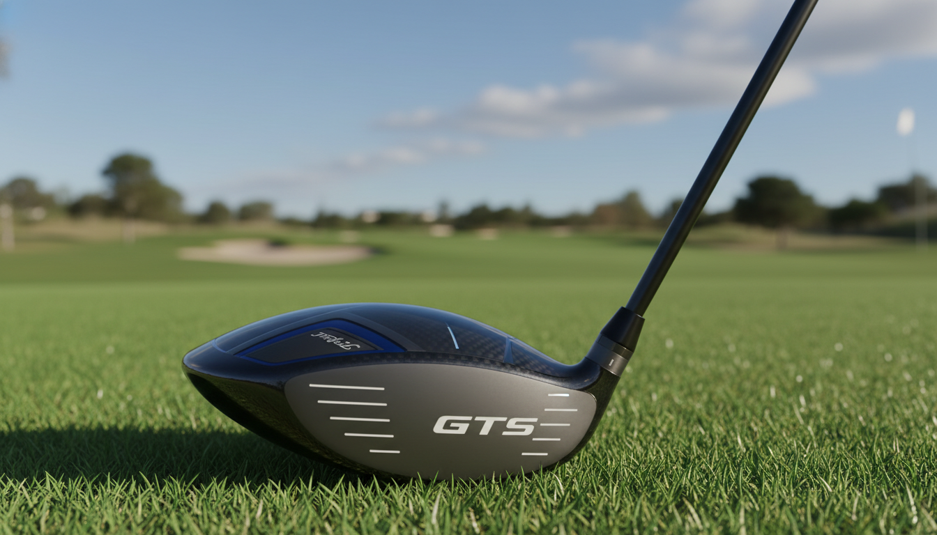 푸른 잔디 위에 놓여진 2026년형 타이틀리스트 GTS 드라이버 헤드의 근접 촬영 사진