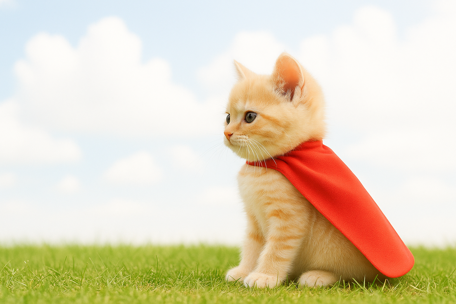 슈퍼맨 망토를 두르고 있는 아기 고양이 이미지