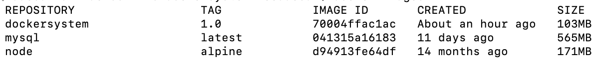 `docker images` 명령어 조회 결과 화면