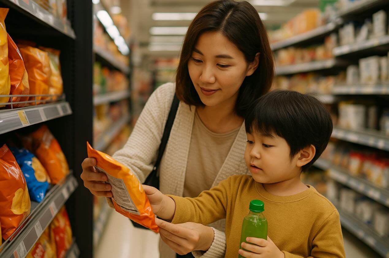 마트에서 엄마와 아이가 과자 뒷면 라벨을 확인하는 모습.