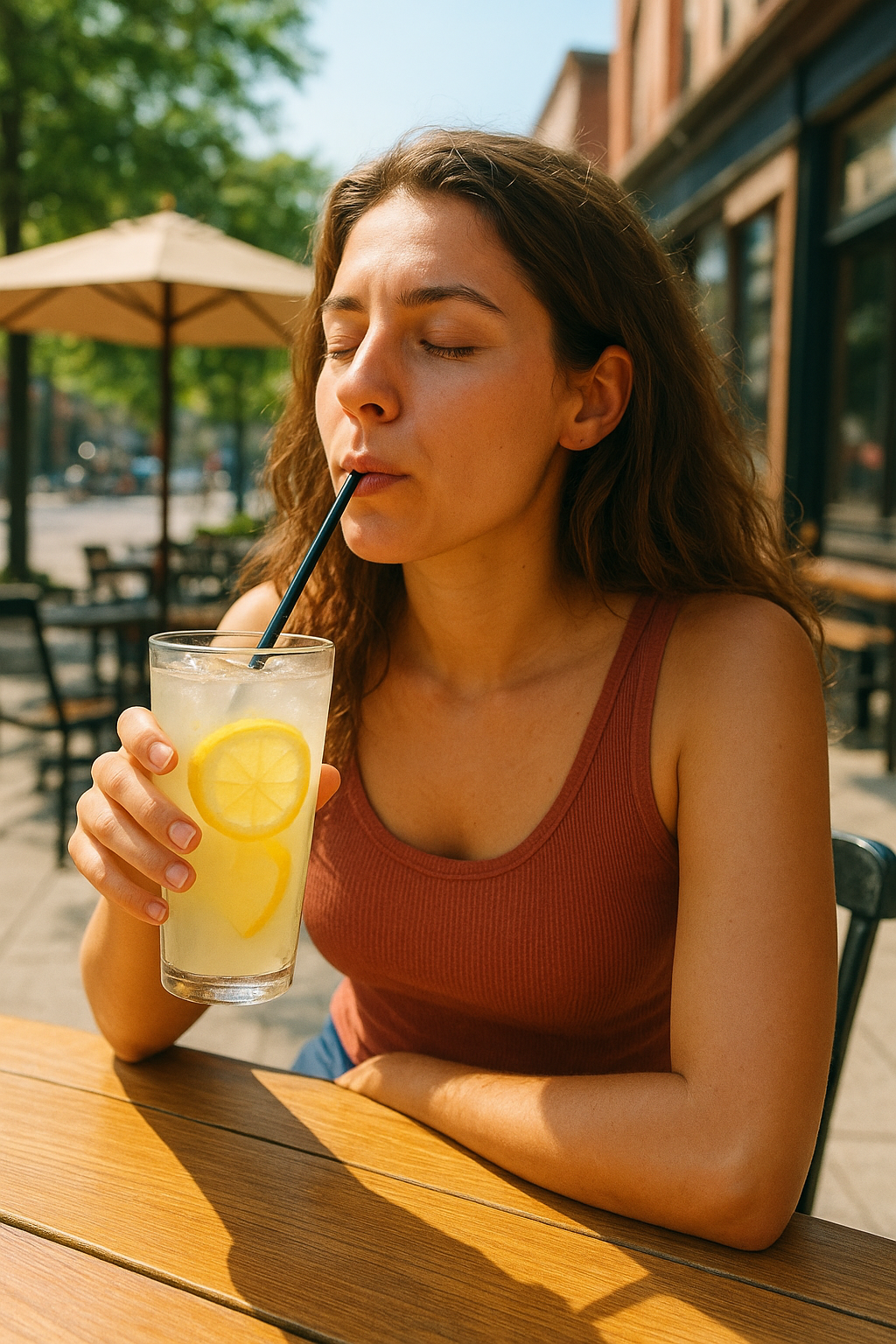 레모네이드를 마시는 여성 이미지