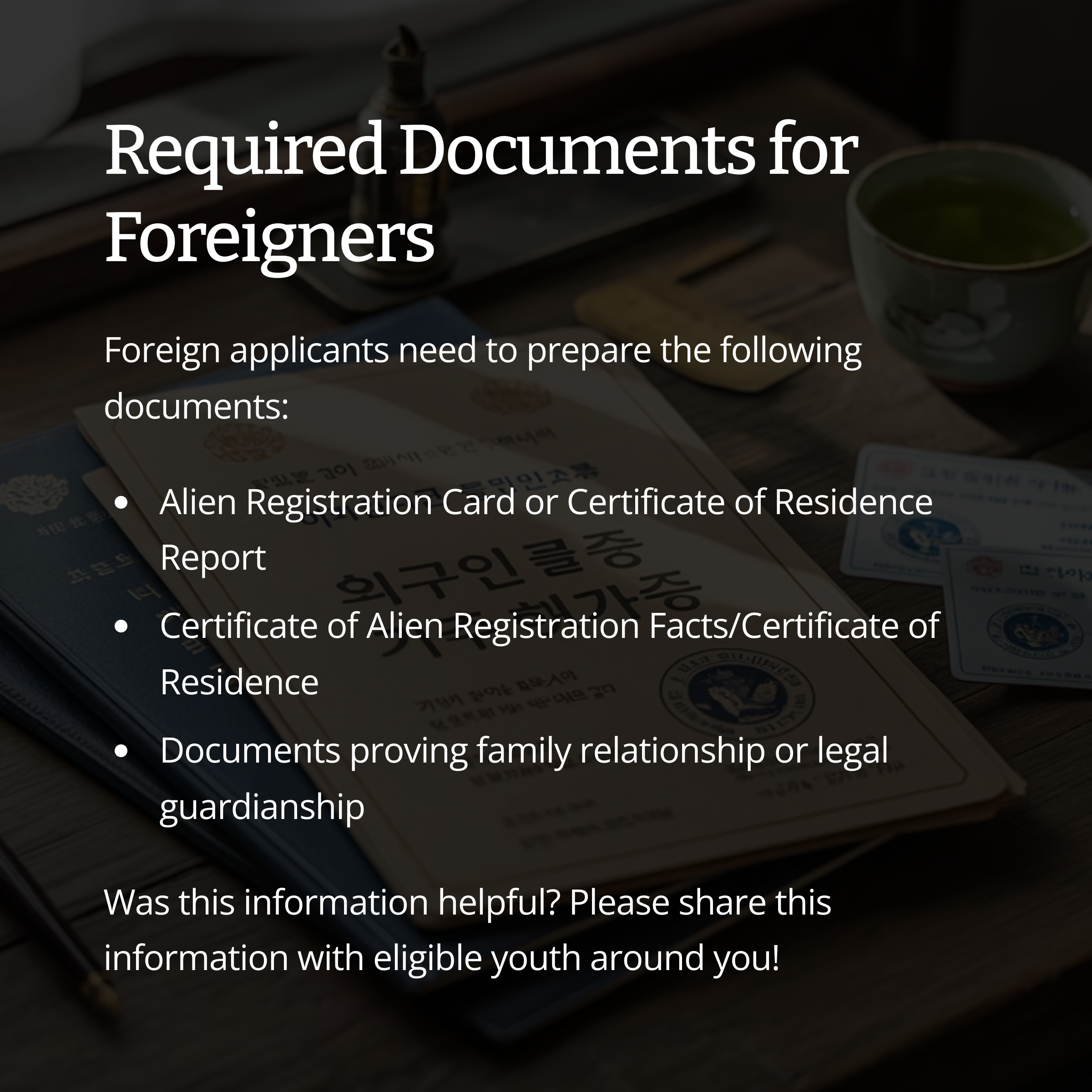 Table with foreign registration documents and residency certificates, highlighting required paperwork for foreign youth applying for support
