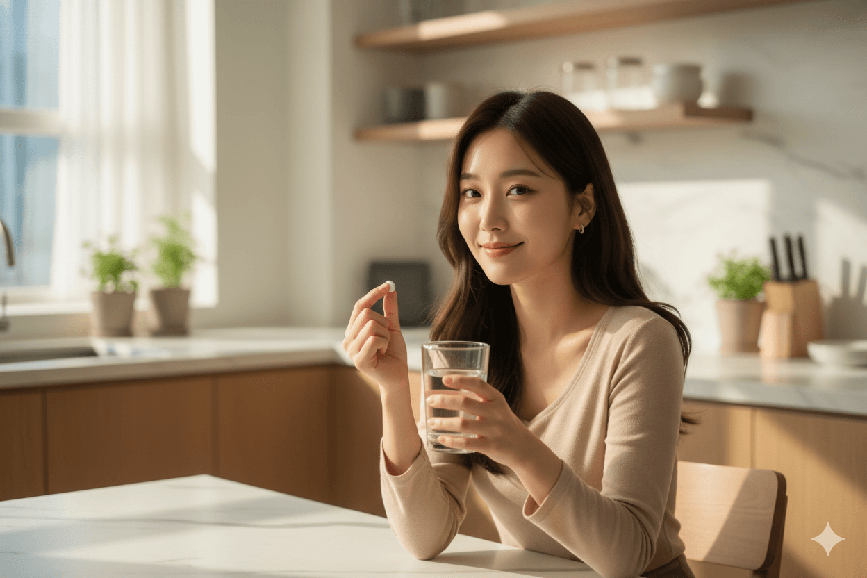 햇살이 들어오는 주방에서 물과 함께 영양제를 섭취하며 건강한 에너지를 표현한 여성 라이프스타일 이미지
