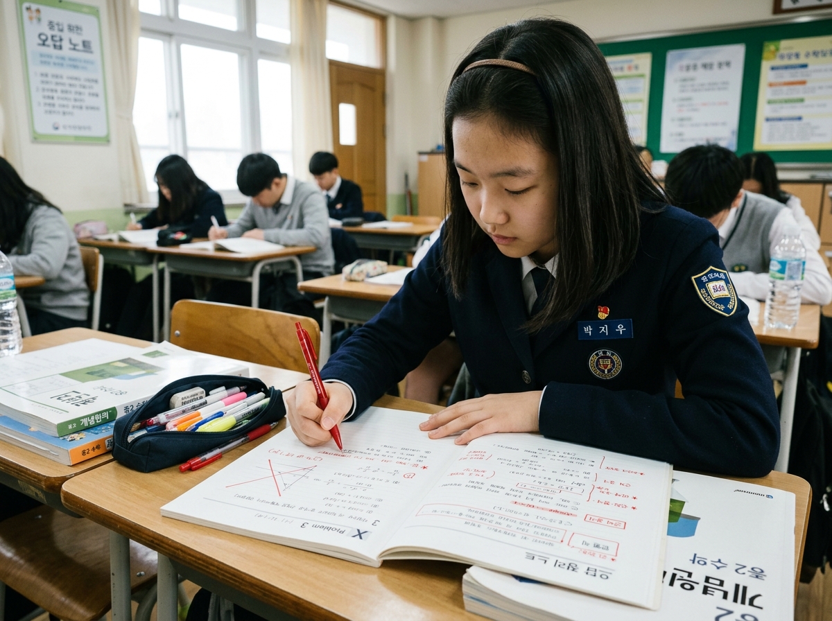오답 노트를 활용해 학습 내용을 점검하고 복습하는 중학생