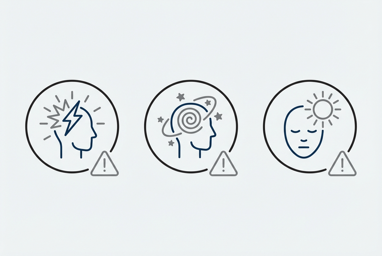 안전한 멜라토닌 복용법을 위한 두통, 어지러움, 낮 졸림 경고 아이콘 도식