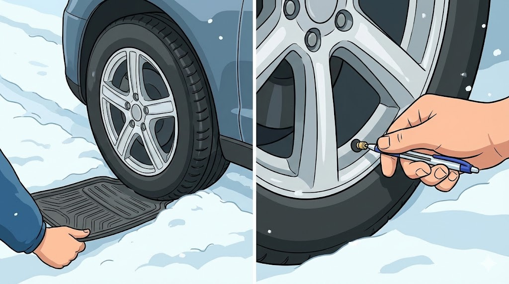 눈길 탈출을 위해 타이어 밑에 발매트를 깔고 공기압을 조절하는 모습