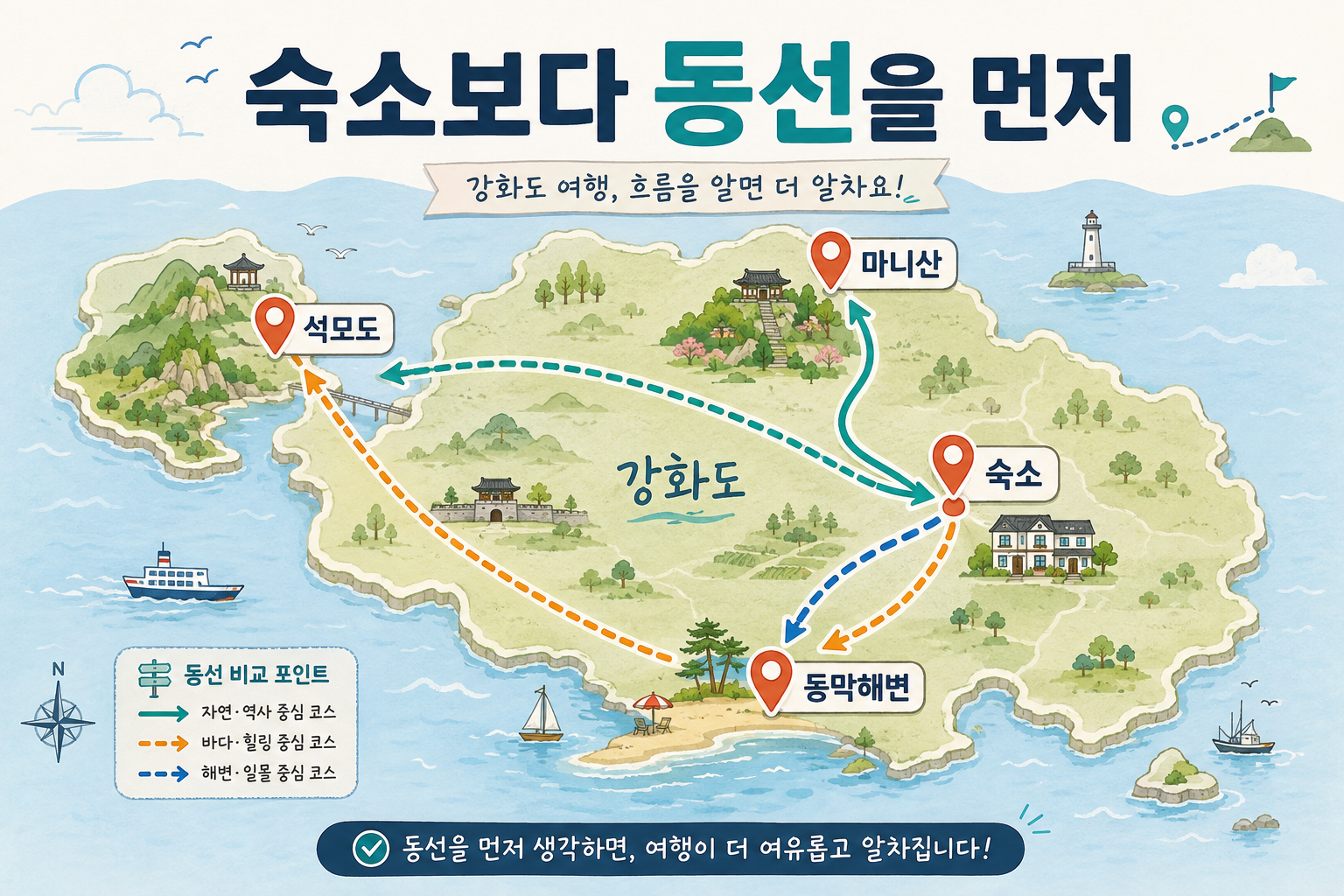 강화도펜션 동막해변 마니산 석모도 여행 동선 비교