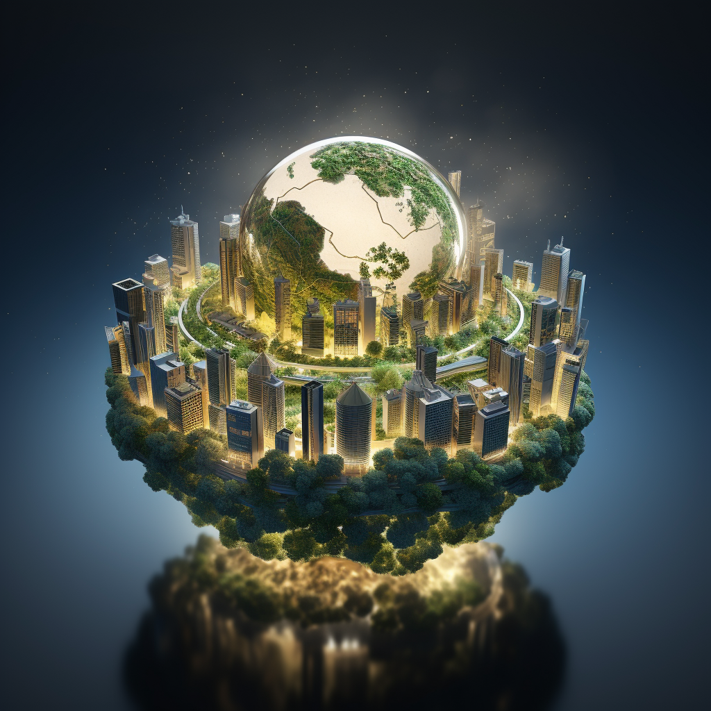 지구본을 둘러싼 빌딩의 모습