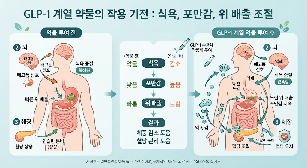GLP-1 계열 비만치료제가 식욕과 포만감에 영향을 주는 과정