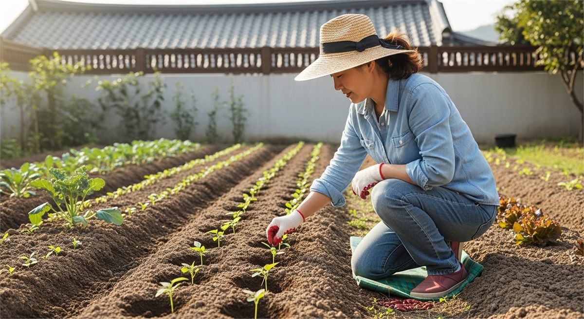 일정 간격으로 강낭콩 씨앗을 심는 한국인 여성의 모습 