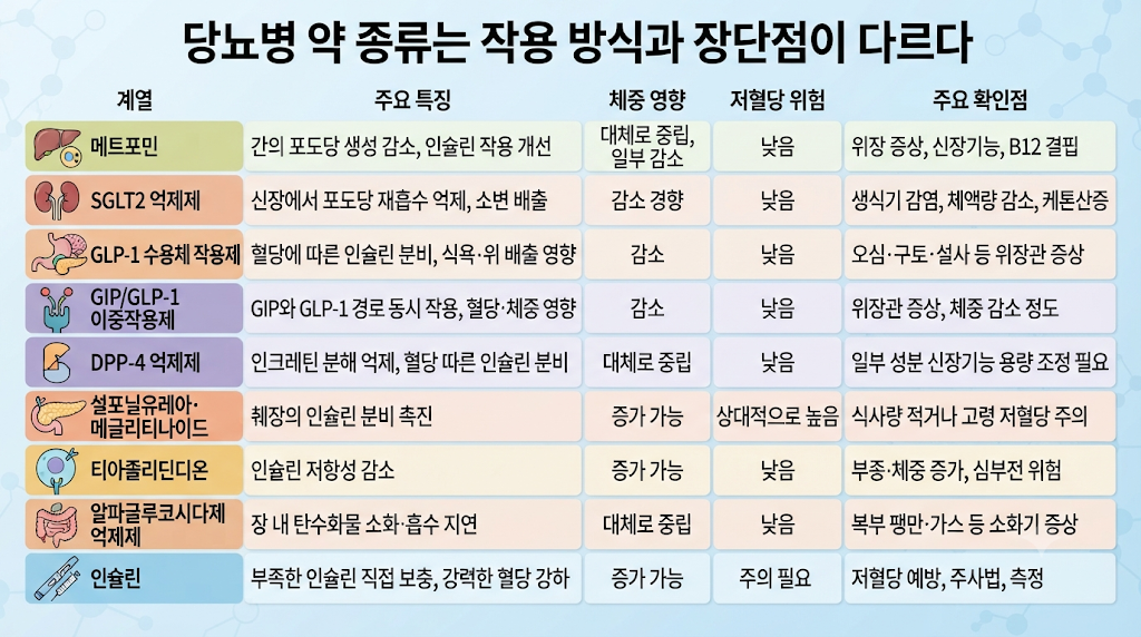 당뇨병 약 종류는 작용 방식과 장단점이 다르다